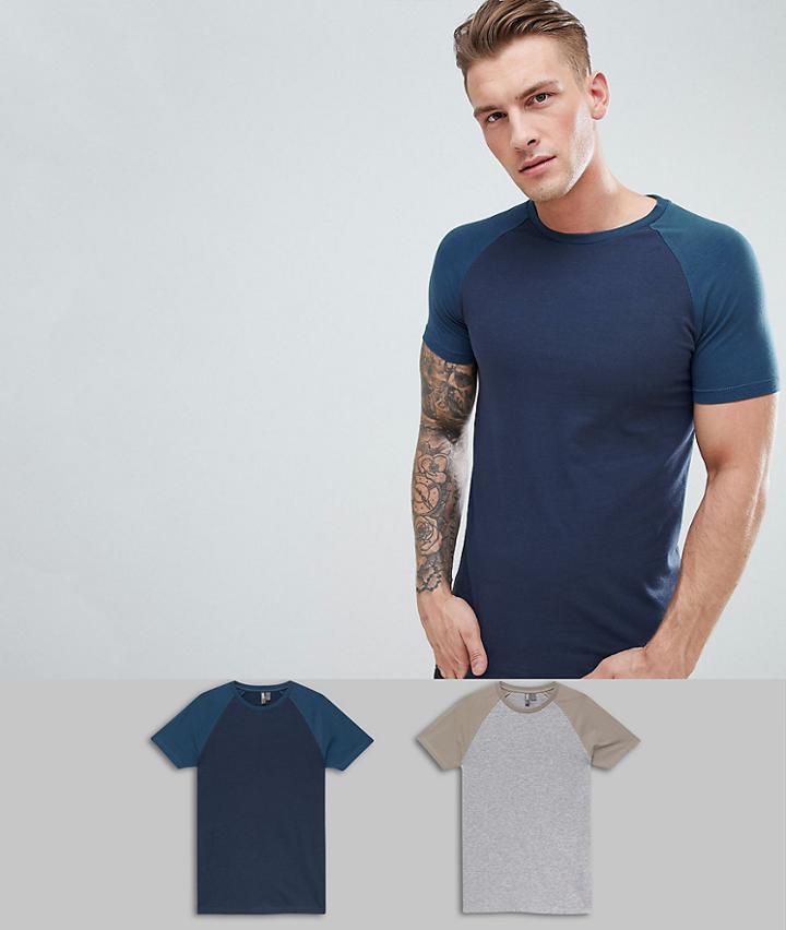 Asos Design Muscle Fit Raglan T-shirt With Contrast Sleeves 2 Pack Multipack Saving - Multi