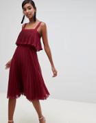Asos Design Double Layer Pleated Cami Midi Dress - Red