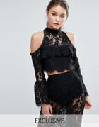 Dark Pink Lace Cold Shoulder Lace Blouse - Black