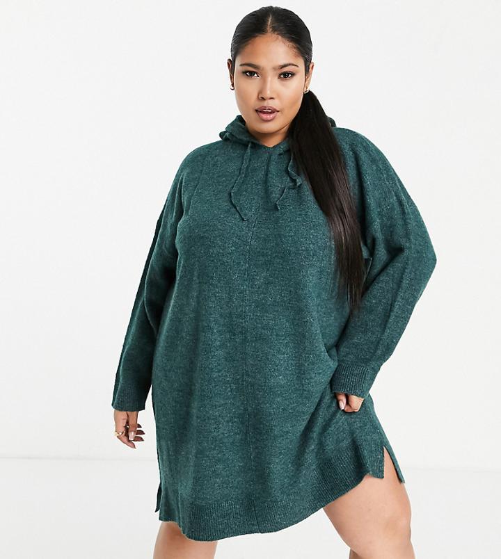 Vero Moda Curve Knitted Hoodie Dress In Dark Green
