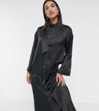 Native Youth Relaxed Button Up Maxi Dress In Black High Shine Satin With Contrast Stitching