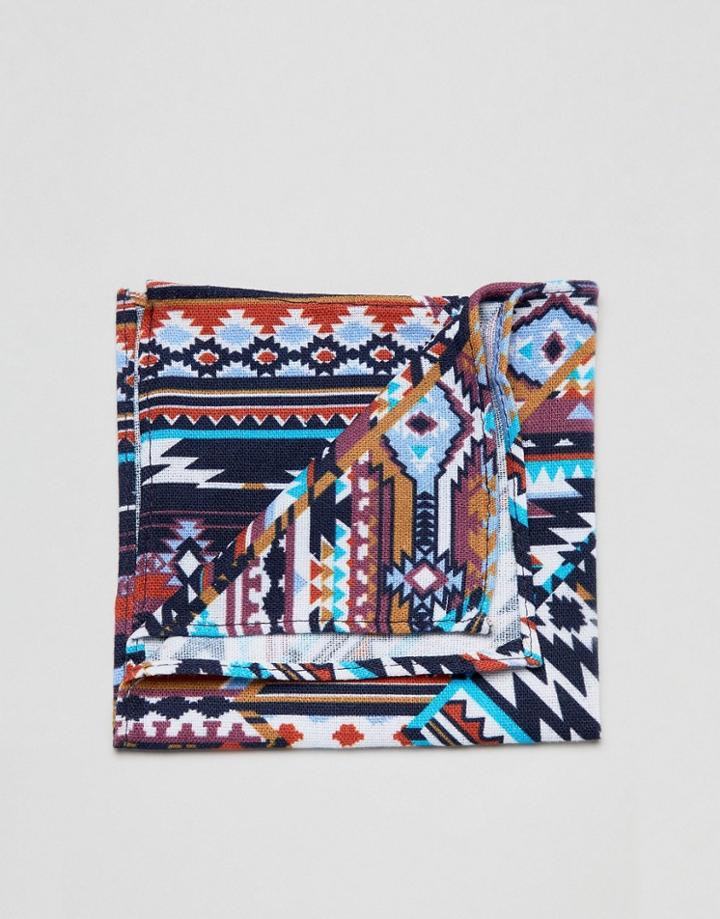 Moss London Pocket Square With Geo-tribal Design - Blue