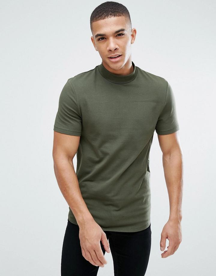 Asos Muscle Fit T-shirt With Turtleneck And Curve Hem - Green