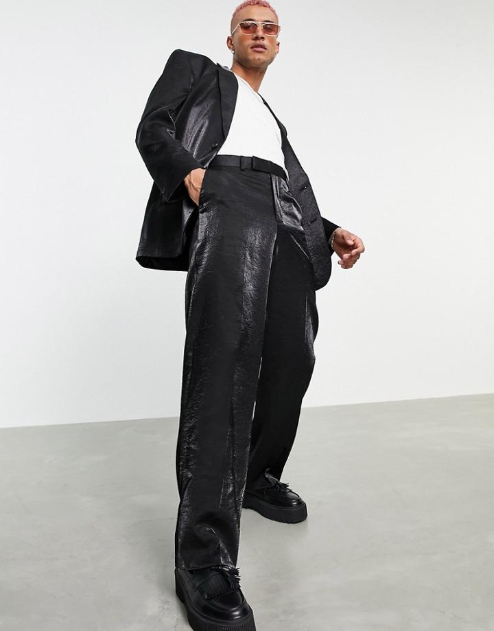 Asos Design Wide Suit Pants In Black High Shine Fabric