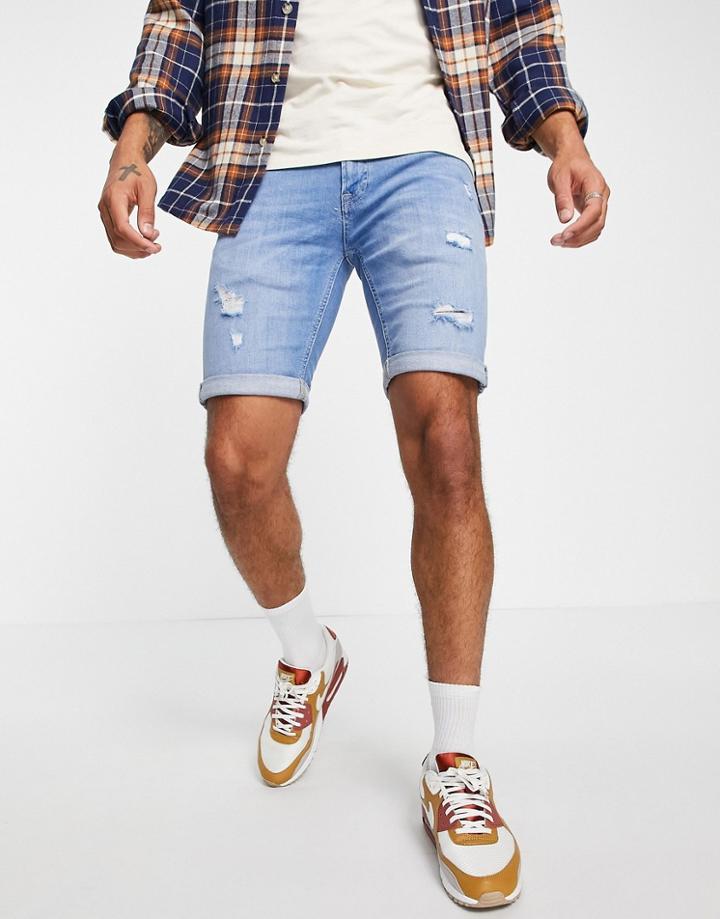 Jack & Jones Intelligence Skinny Denim Shorts With Rips In Light Blue-blues