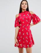 Asos Cold Shoulder Mini Dress In Red Based Floral - Multi