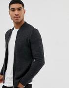 Asos Design Knitted Muscle Fit Bomber Jacket In Charcoal - Gray
