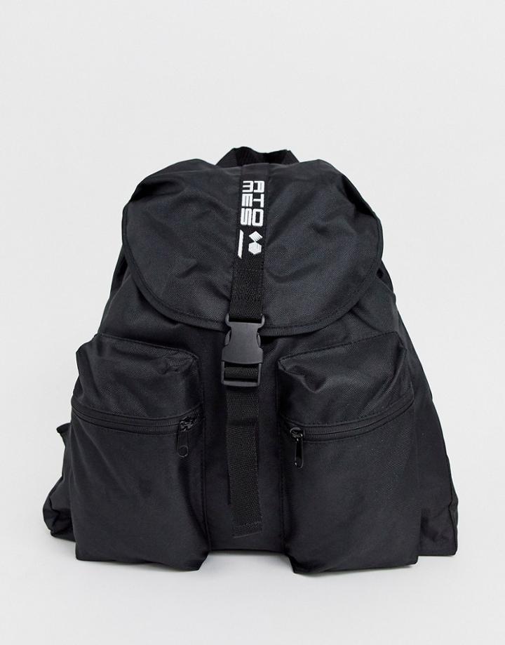 Asos Design Backpack In Black With Double Front Pockets And Slogan Strap - Black