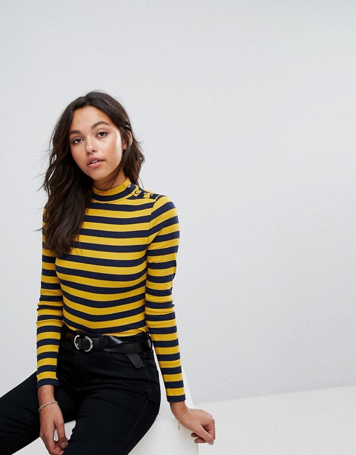 Esprit Step Neck Striped Long Sleeve Top With Button Detail - Blue