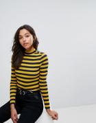 Esprit Step Neck Striped Long Sleeve Top With Button Detail - Blue