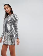 Asos Disco Ball Drape Sleeve Mini Dress - Silver