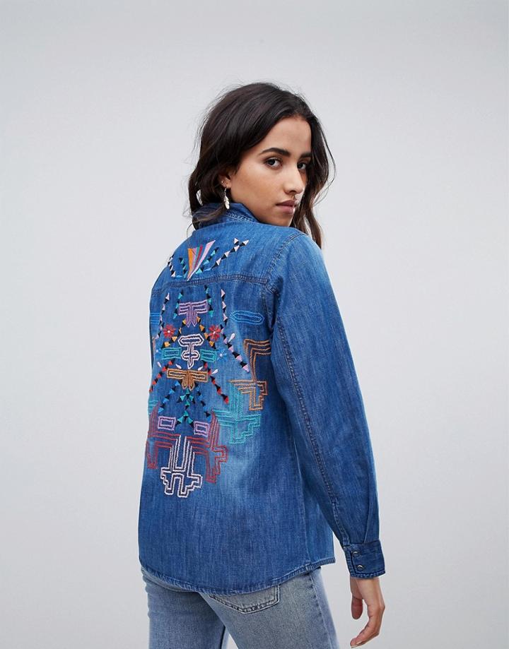 Raga Desert Tribe Embroidered Back Denim Shirt - Blue