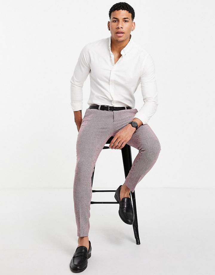 Asos Design Wedding Super Skinny Wool Mix Suit Pants In Burgundy Puppytooth-red