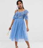 Maya Petite Cami Strap Sequin Top Tulle Detail Midi Dress With Ruffle Skirt In Bluebell - Blue