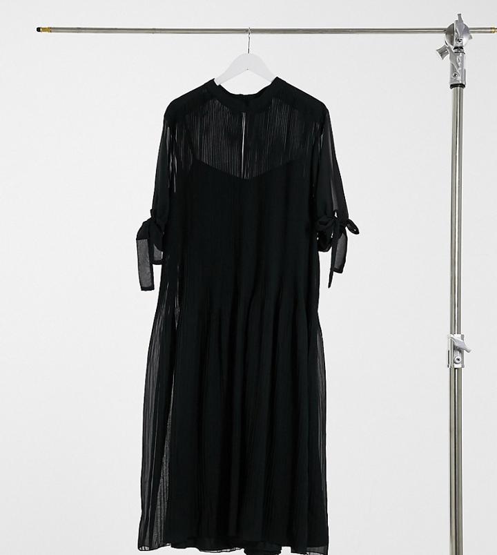Asos Design Curve Pleated Trapeze Midi Dress With Tie Sleeves In Black