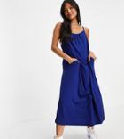 Asos Design Petite Gathered Neck Strappy Midi Sundress With Pockets In Navy