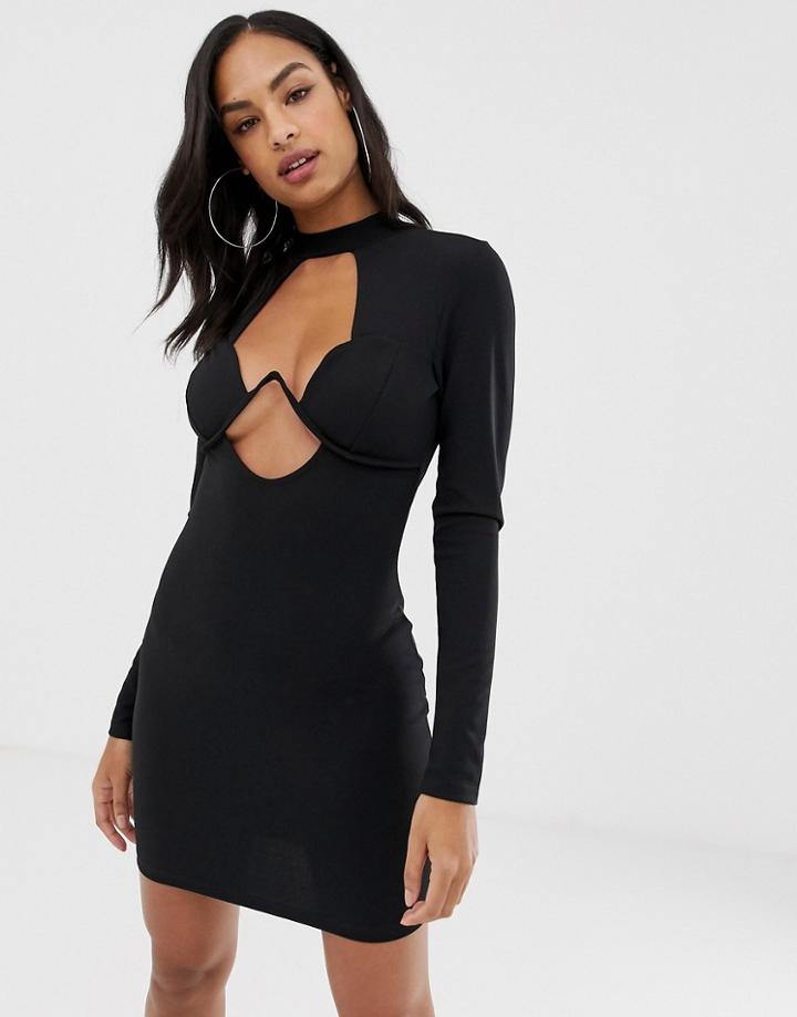 Asos Design Long Sleeve Underwire Mini Bodycon Dress-black