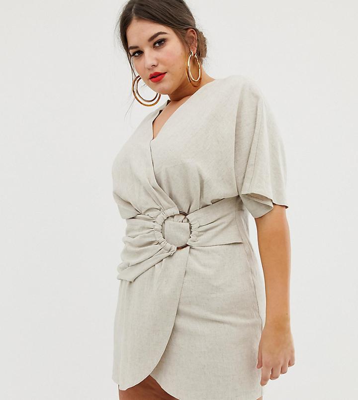 Asos Design Curve Mini Dress In Slubby Cotton With Ring Detail-beige