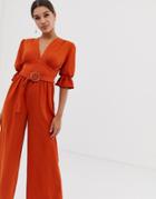 Asos Design V Neck Jumpsuit With Puff Sleeve And Oval Belt-brown