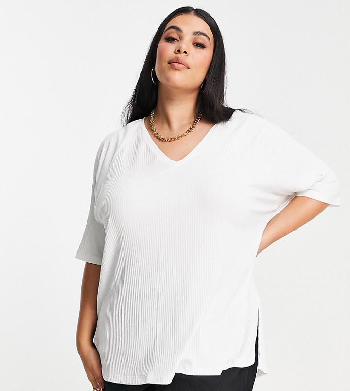 Asos Design Curve Oversized Top With V Neck In Drapey Rib In White