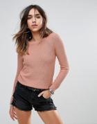 Brave Soul Round Neck Sweater In Heavy Rib - Pink