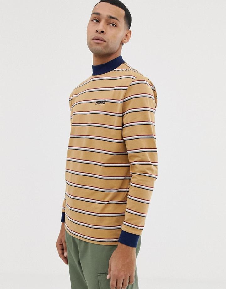 Asos Design Organic Cotton Long Sleeve Relaxed Striped T-shirt With Embroidery With Turtleneck - Brown