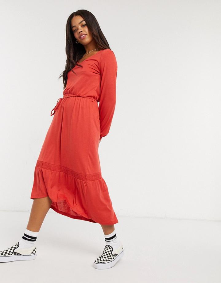 Jdy Midi Dress With Tie Waist In Coral-orange
