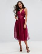 Asos Premium Lace Top Tulle Midi Prom Dress With Ribbon Ties - Pink