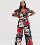 Outrageous Fortune Plus Wrap Front Frilly Sleeve Culotte Jumpsuit In Red Scarf Print-multi