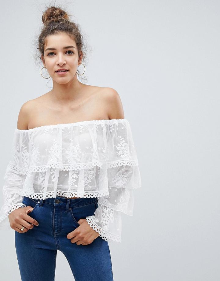 Asos Design Ruffle Bardot Top With Lace - White