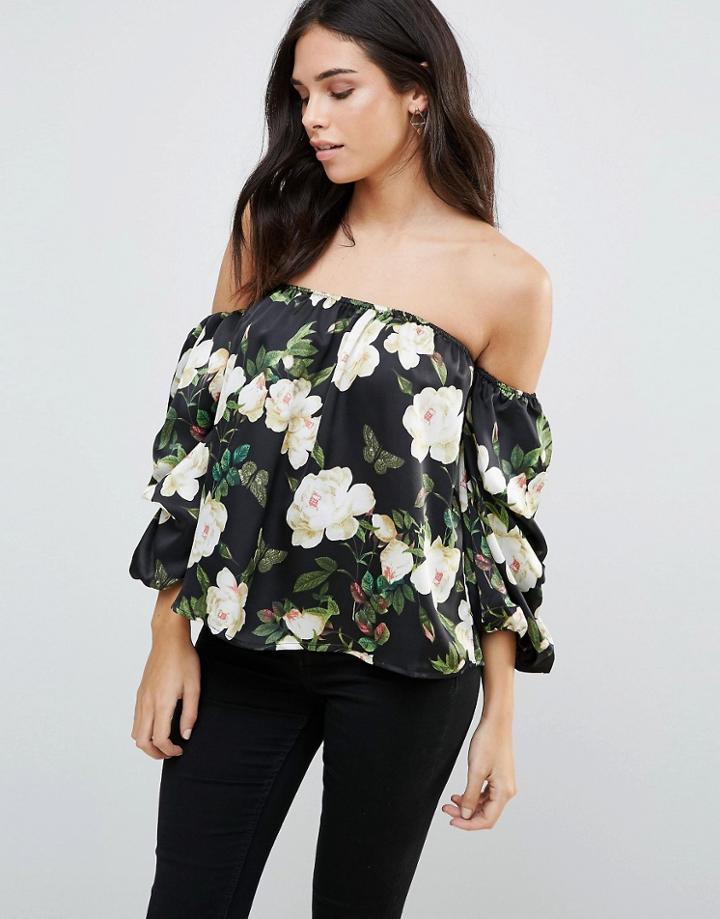 Qed London Floral Off The Shoulder Top - Black