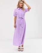 Glamorous Midaxi Shirt Dress With Tie Waist In Stripe-purple