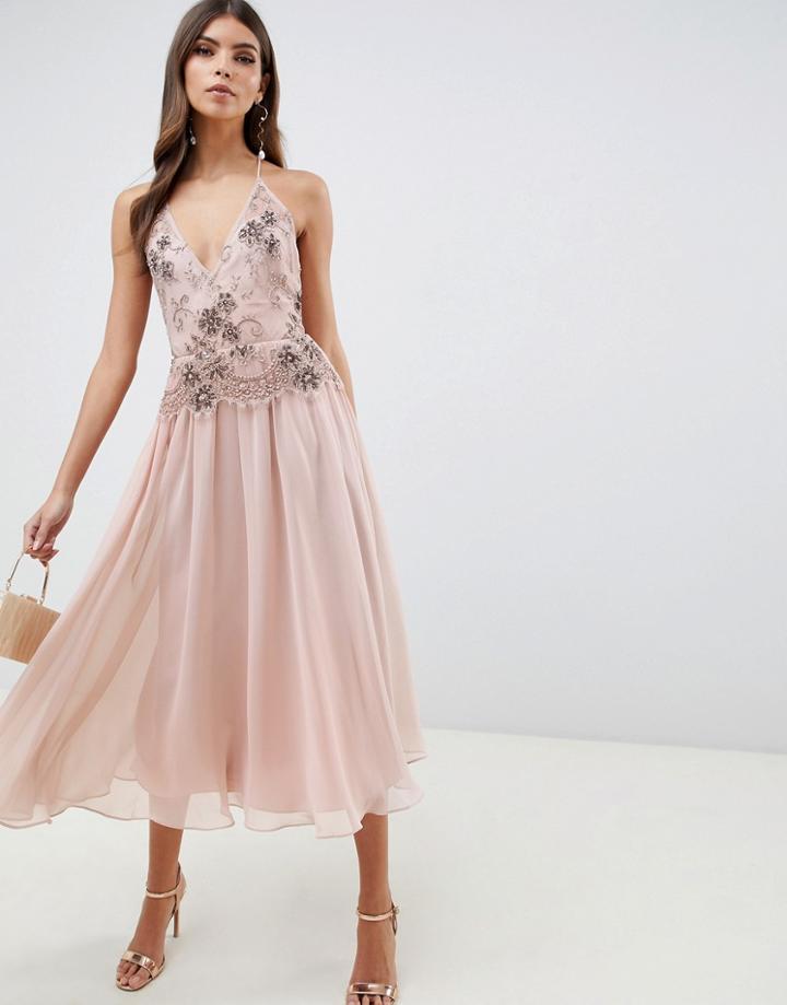 Asos Design Midi Dress With Lace And Embellished Cami Top-pink