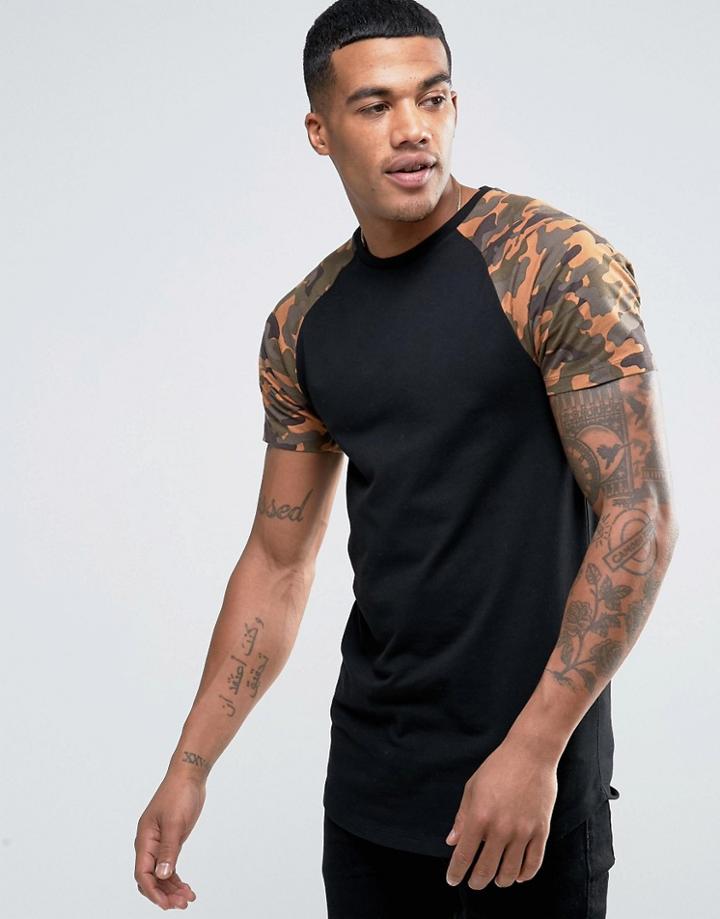 Asos Longline Muscle T-shirt With Camo Print Sleeves - White