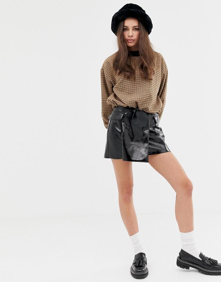 Bershka Patent Vinyl Button Front Skirt - Black
