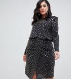 Flounce London Plus Midi Dress With Statement Shoulder In Gold Metallic