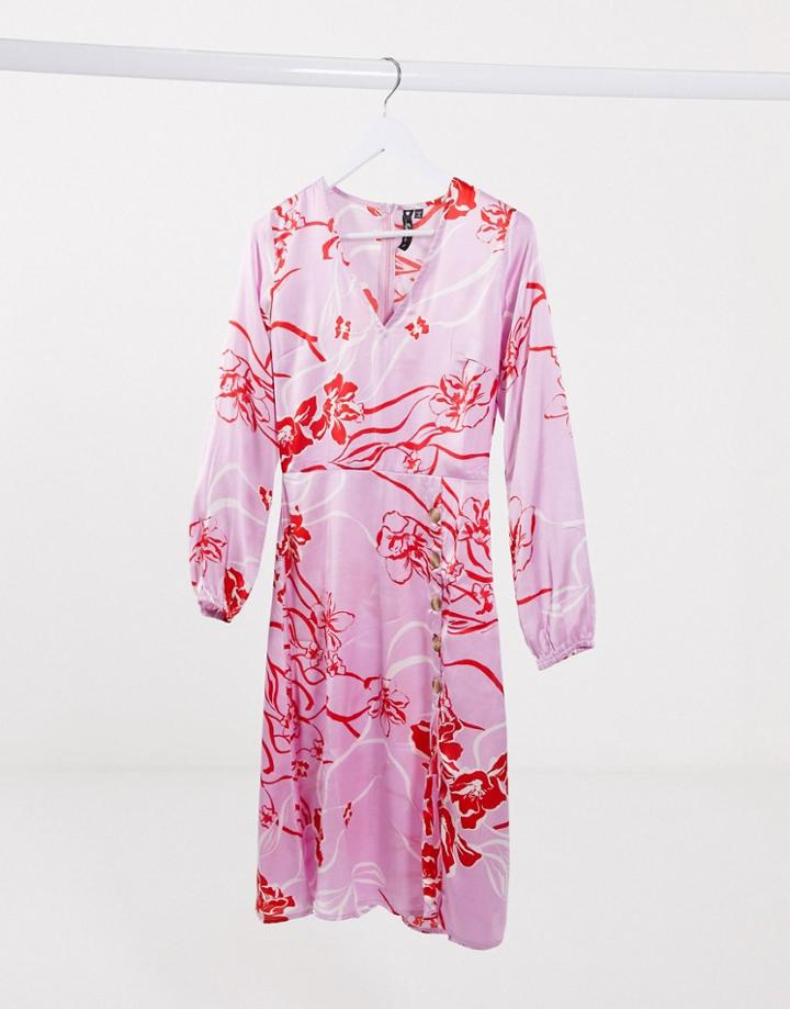 Influence Button Front Midi Dress In Pink Floral