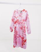 Influence Button Front Midi Dress In Pink Floral