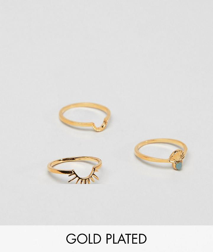 Asos Design Gold Plated Pack Of 3 Stacking Rings In Sun Ray Design - Gold