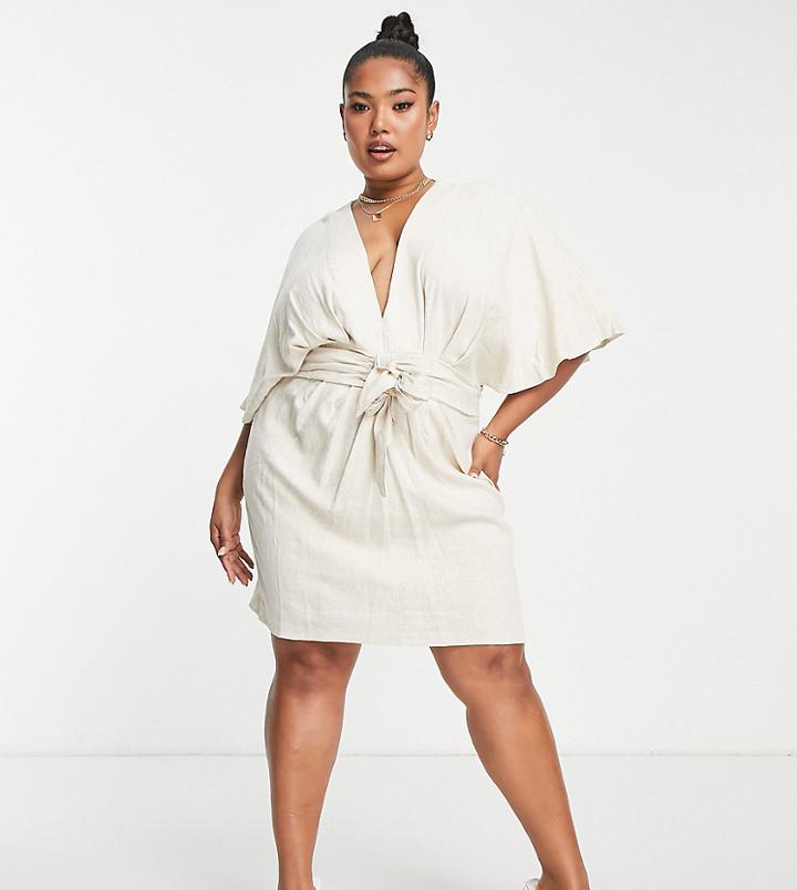 Asos Design Curve Batwing Tie Front Linen Mini Dress In Natural-neutral