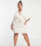 Asos Design Curve Batwing Tie Front Linen Mini Dress In Natural-neutral