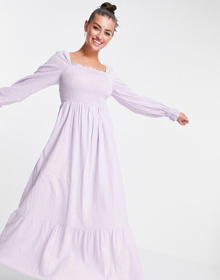 Vero Moda Organic Cotton Shirred Volume Sleeve Maxi Dress In Lilac-purple