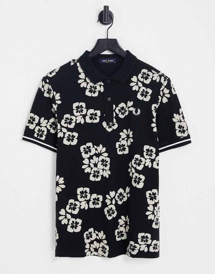 Fred Perry Floral Print Polo Shirt In Black