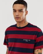 New Look Oversized T-shirt With Paradise Embroidery In Burgundy Stripe - Red