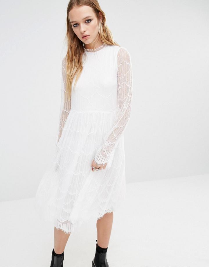 Navy London Midi Dress With Sheer Lace Sleeves - White