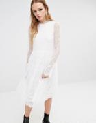 Navy London Midi Dress With Sheer Lace Sleeves - White
