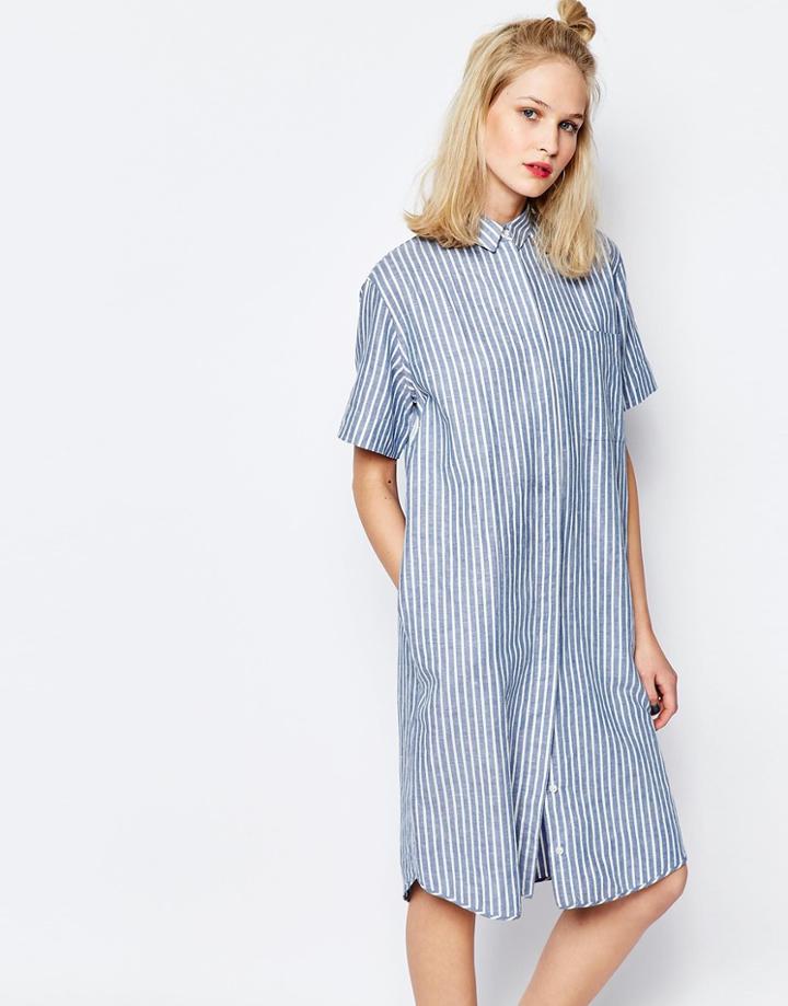 Samsoe & Samsoe Linnes Long Shirt Dress In Stripe - Blue Stripe