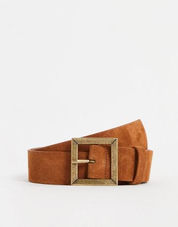 Asos Design Suede Square Buckle Waist And Hip Belt In Tan-brown