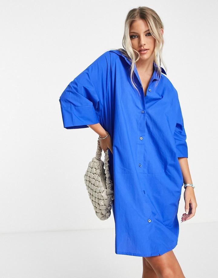 Monki Oversized Shirt Dress With Pockets In Blue Cotton Poplin