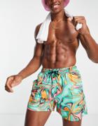 Bershka Wave Print Swim Shorts In Turquoise-blue